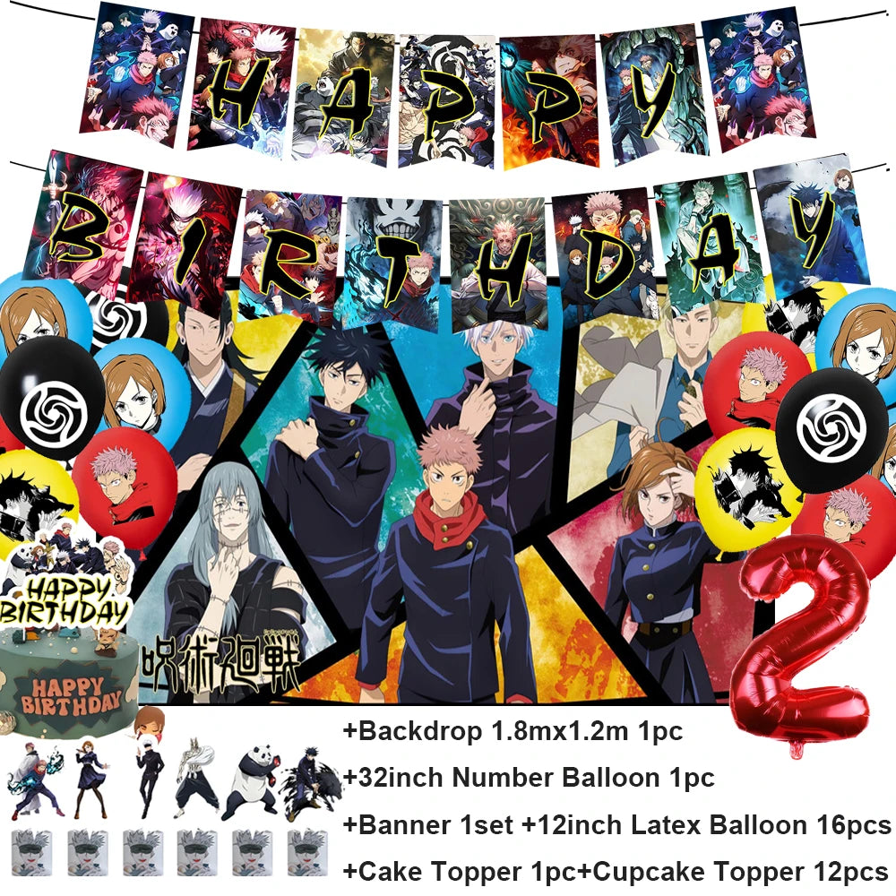 Décoration d’anniversaire Jujutsu Kaisen : ballons et guirlande “Happy Birthday” avec ballon chiffre rouge