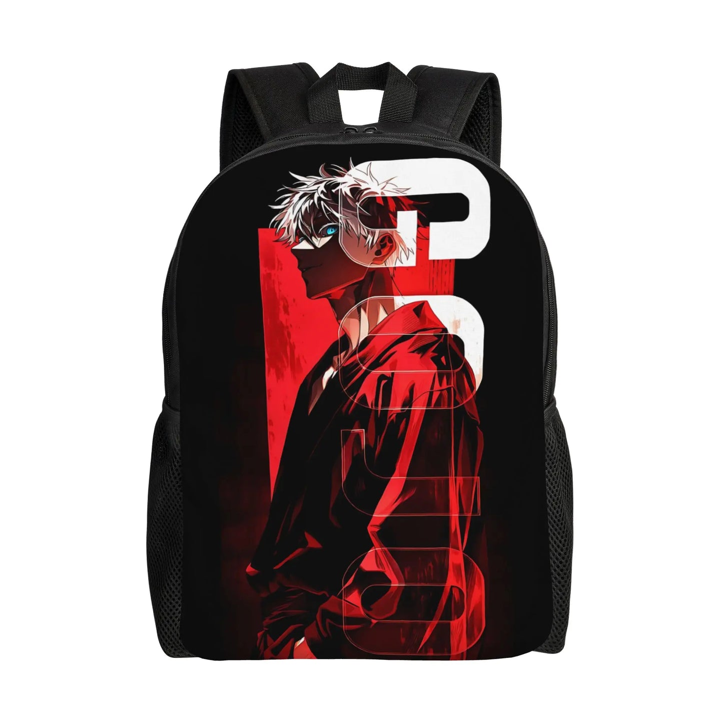 Sac à dos noir avec imprimé manga rouge et blanc, bretelles et poche avant