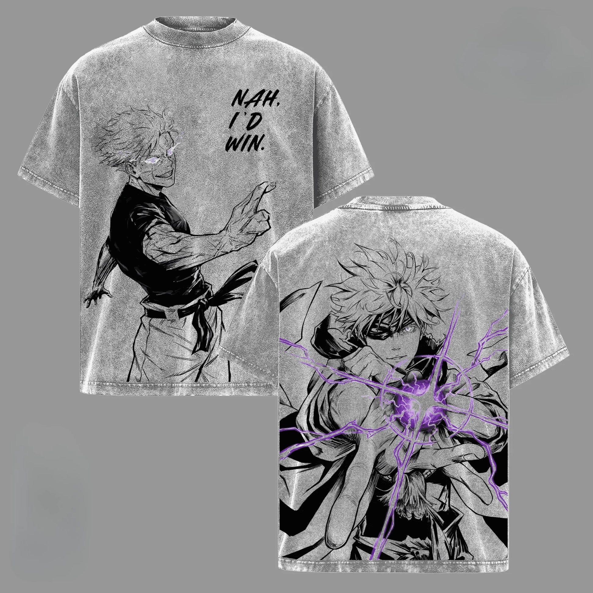T-shirt gris col rond avec illustration anime devant et dos, impressions violet et claires
