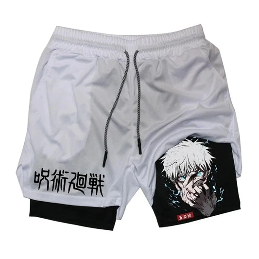 Short Jujutsu Kaisen Gojo Gris Main sur le Visage : gris avec imprimé visage et bande noire sur le côté