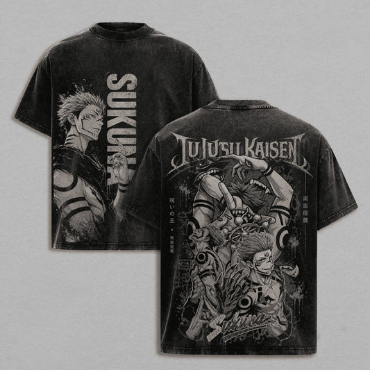 T-shirt col rond noir vintage, grande impression Sukuna au dos et devant.