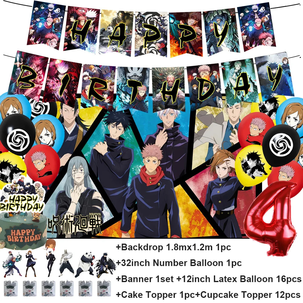 Décoration anniversaire Jujutsu Kaisen : banderoles, ballons et grand ballon rouge