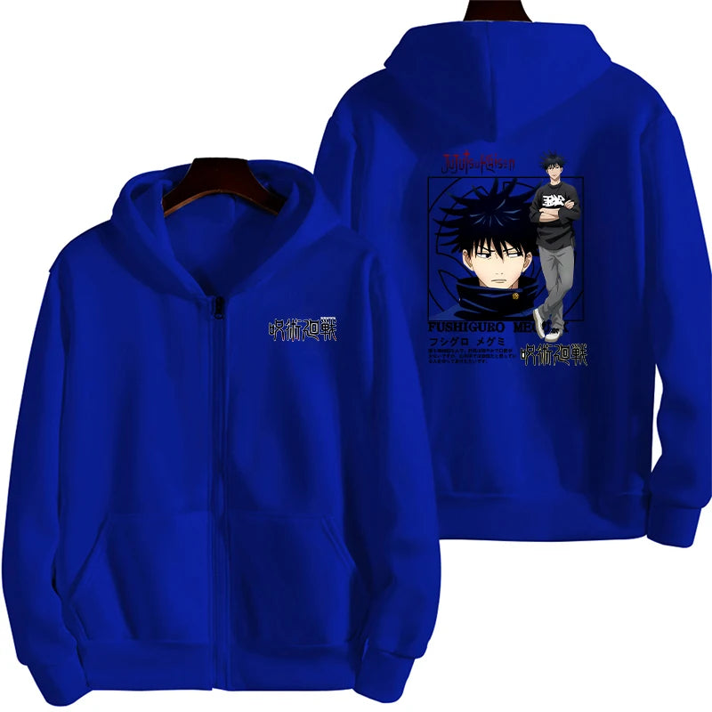 Veste à capuche zippée bleue avec imprimé personnage devant et au dos