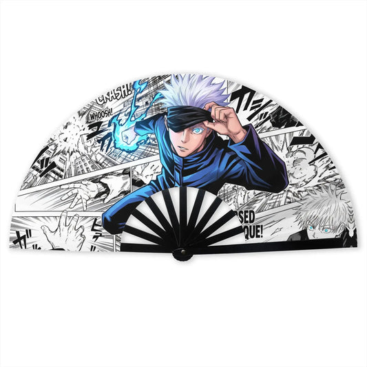 Éventail pliable illustré avec personnage bleu et noir, style manga