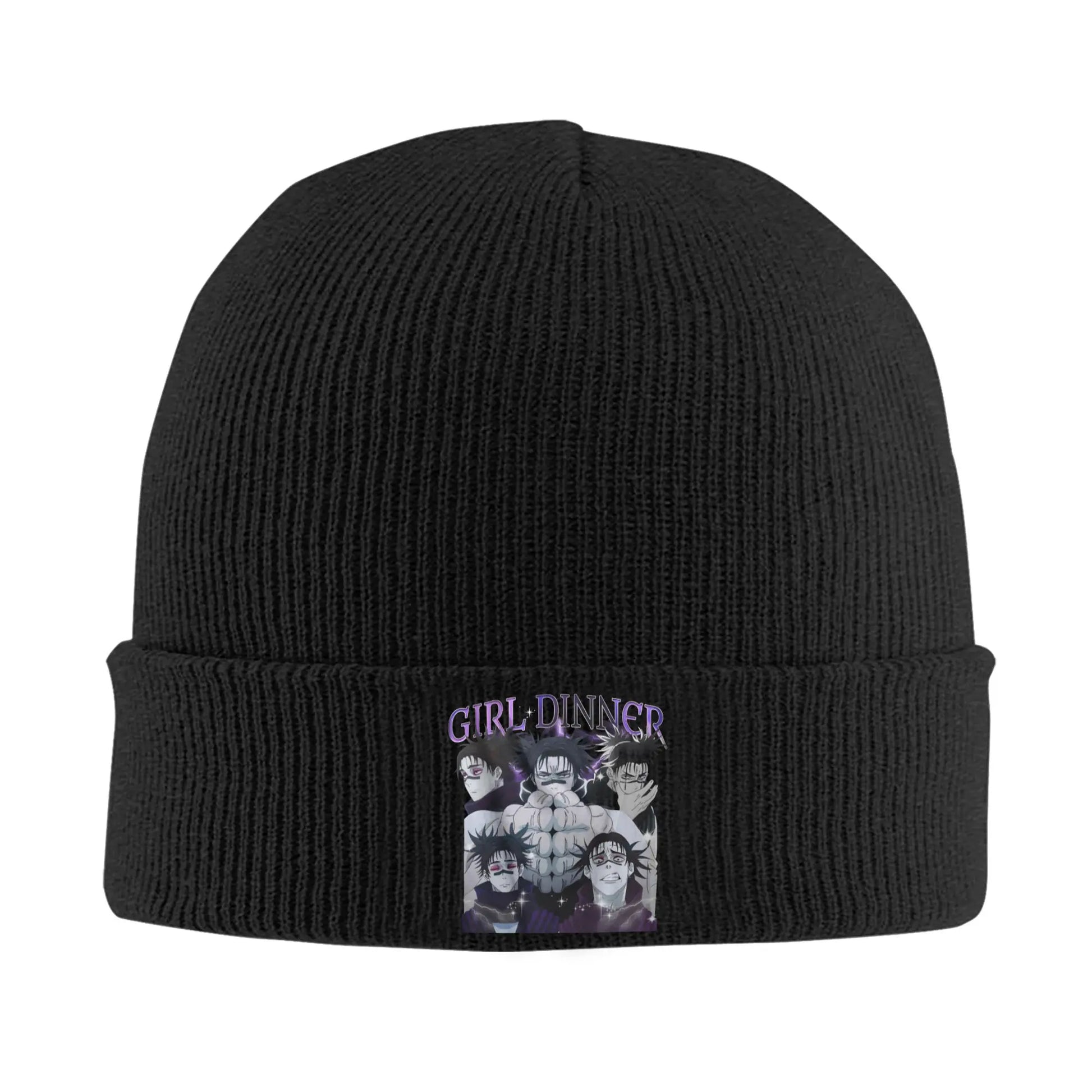 Bonnet Jujutsu Kaisen Choso Girl Dinner : en maille noire avec badge «GIRL DINNER» et impression de personnages