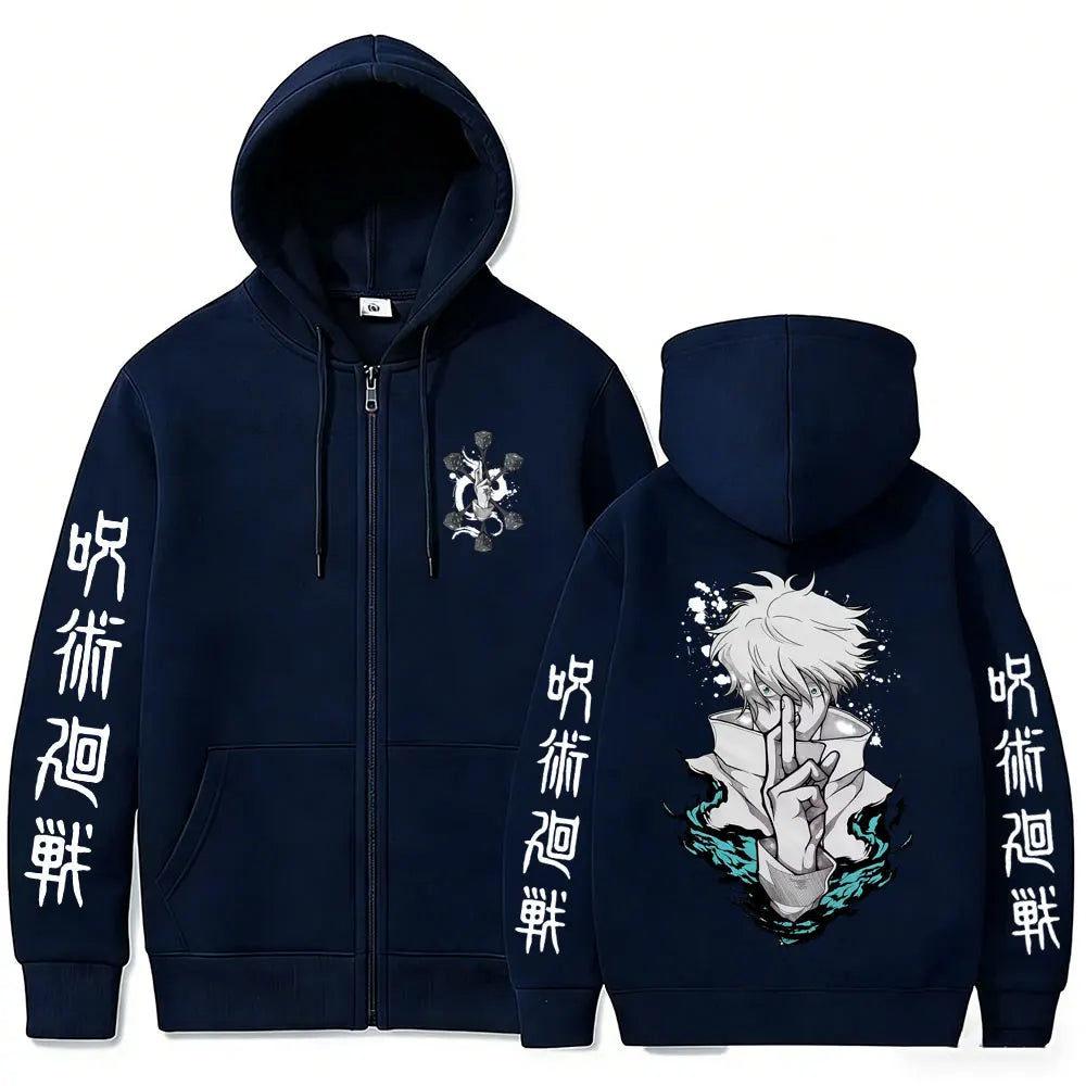 Gilet zippé à capuche bleu marine, impression personnage et caractères sur manches