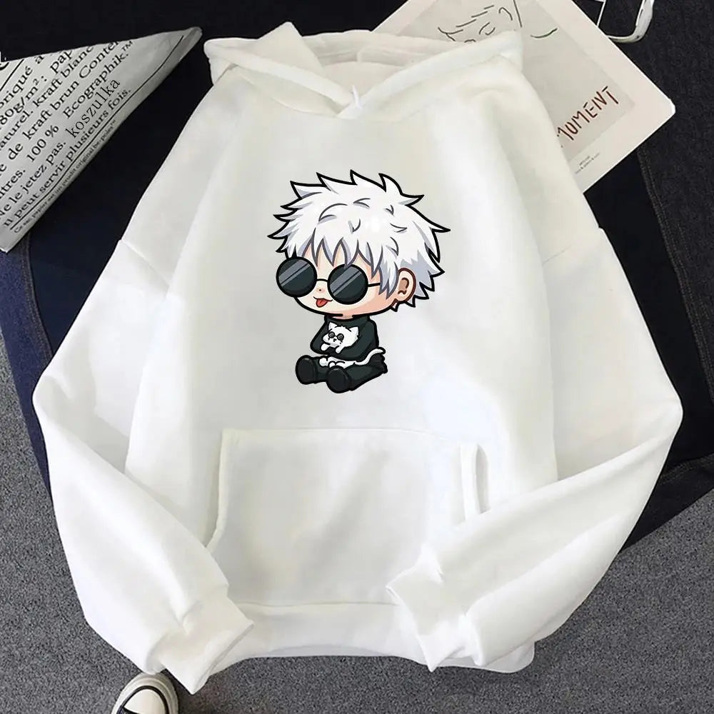 White hooded sweatshirt with kangaroo pocket, drawstring hood, and character graphic on chest
