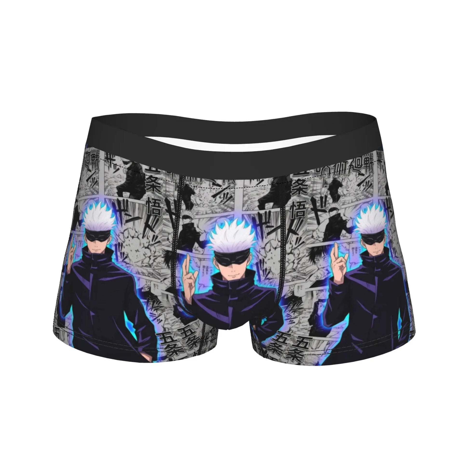 Boxer noir imprimé personnages bleus et violets, ceinture élastique noire.