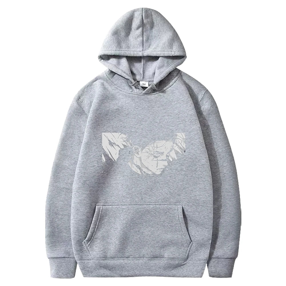 Sweat à capuche gris Jujutsu Kaisen Choso, portrait imprimé devant, poche kangourou.