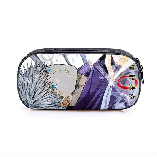 Trousse Jujutsu Kaisen Gojo 0 : à fermeture éclair motif anime bleu et violet, visage imprimé