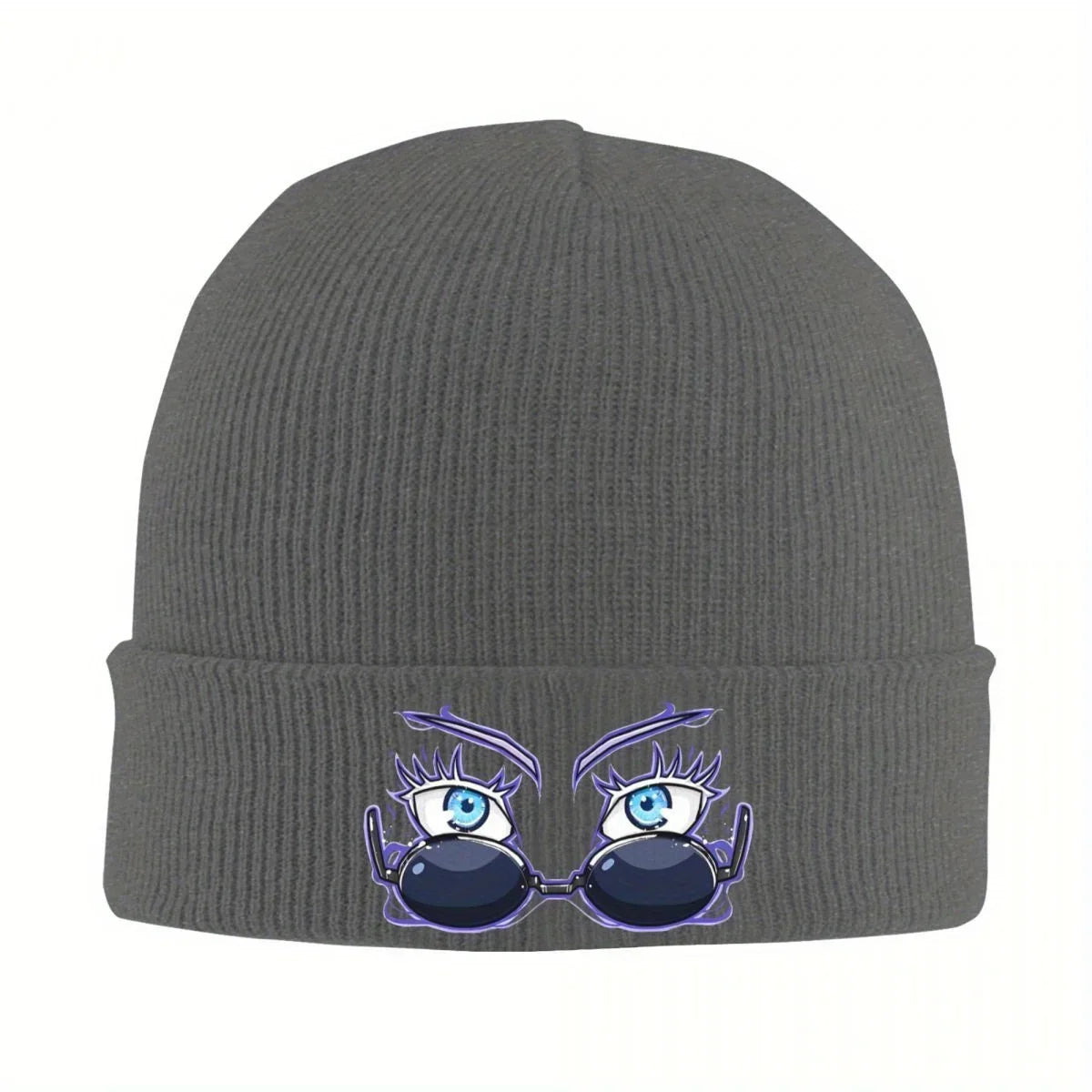 Bonnet tricot gris foncé, bord côtelé, logo de personnages bleus sur le revers