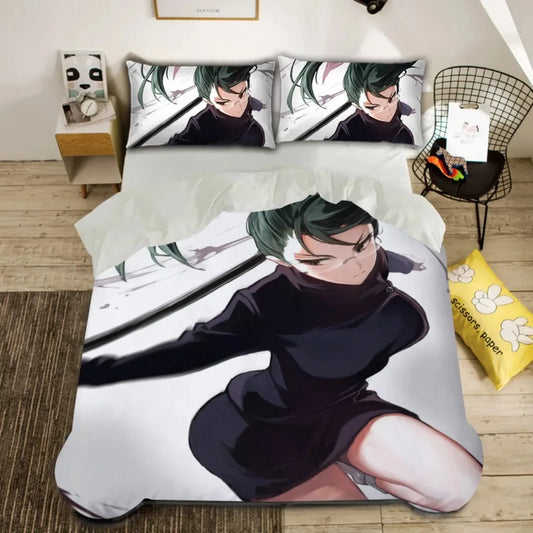 Parure de lit Maki Zenin : housse et taies imprimées du personnage, noir et vert.