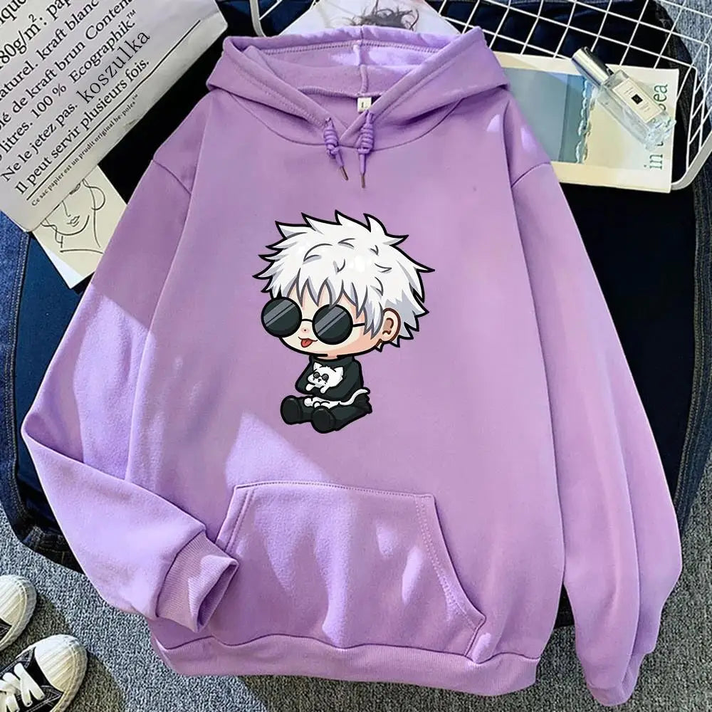 Lilac hooded sweatshirt with front kangaroo pocket, drawstring hood, and character graphic