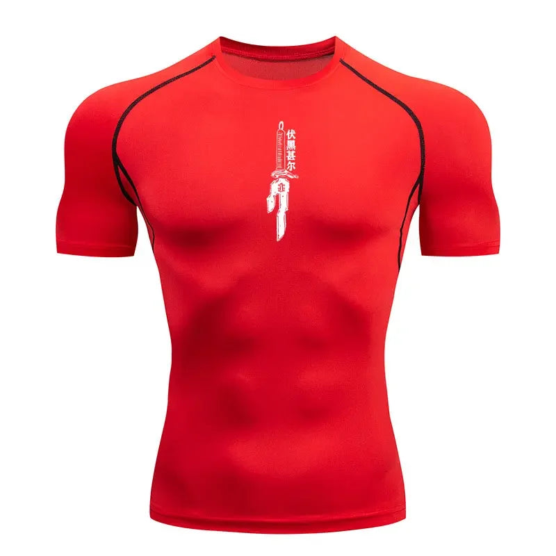 T-shirt de compression rouge avec motif épée verticale blanche et texte chinois au centre