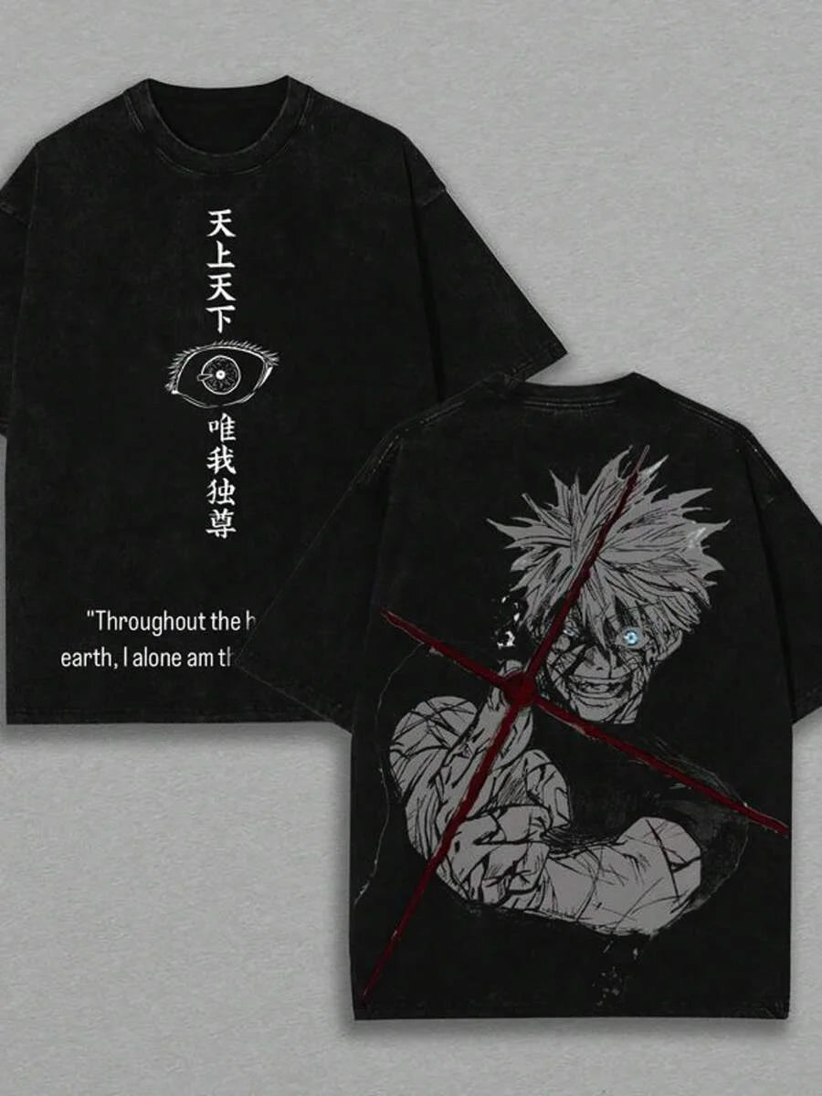 T-shirt noir col rond, imprimé œil à l’avant et personnage à l’arrière