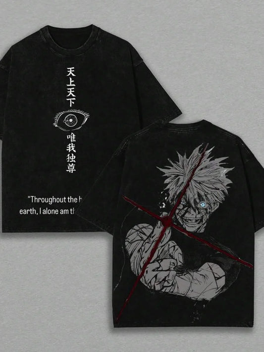 T-shirt noir col rond, imprimé œil à l’avant et personnage à l’arrière