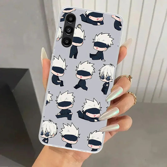 Coque Samsung Jujutsu Kaisen Gojo Chibi Motif : blanche à motif chibi Gojo répétitif, coins renforcés