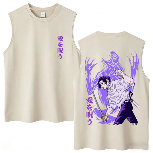 Débardeur Jujutsu Kaisen Yuta Katana Aura Violette : beige sans manches avec grand motif violet d’un personnage anime au dos