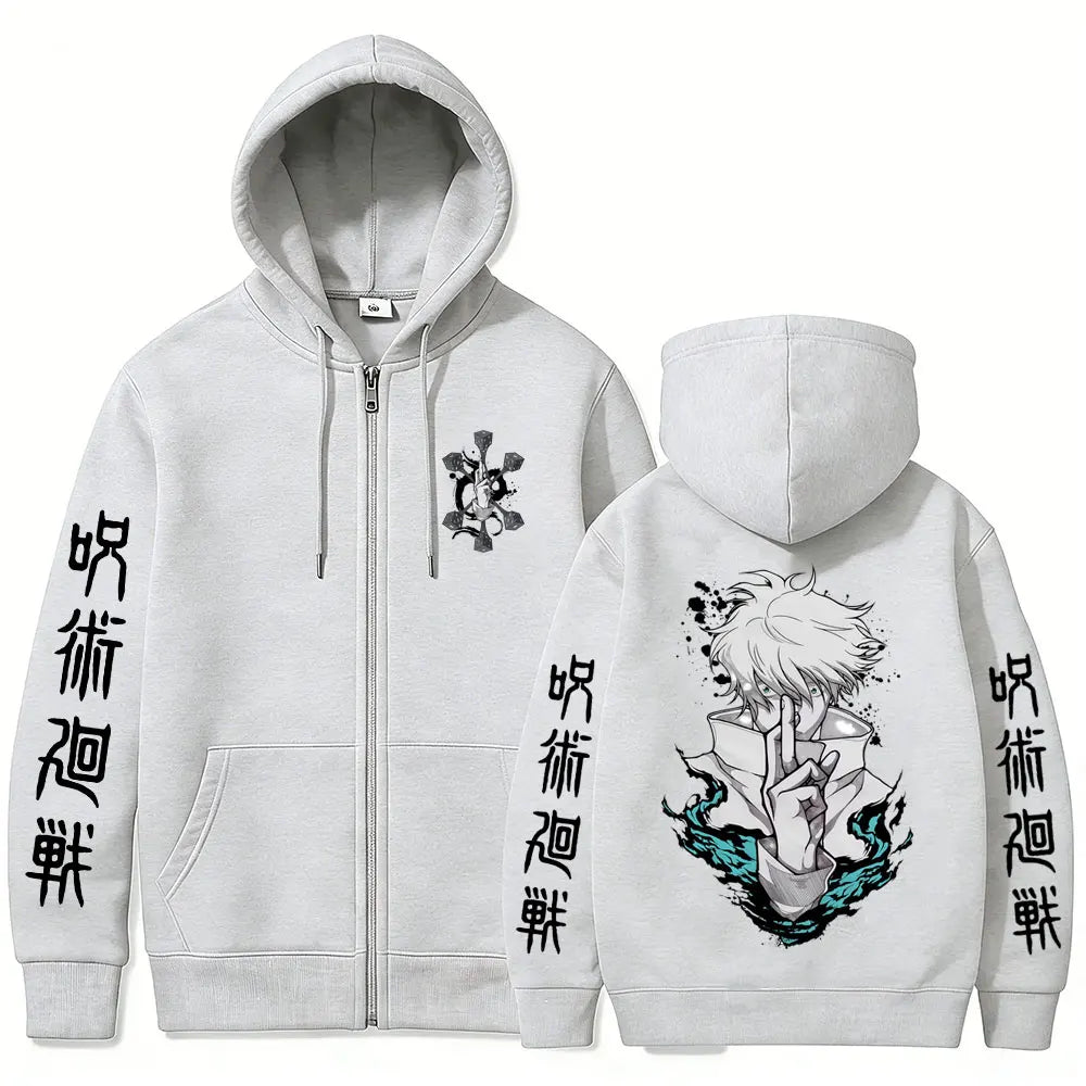 Gilet zippé à capuche gris clair, impression personnage et caractères sur manches