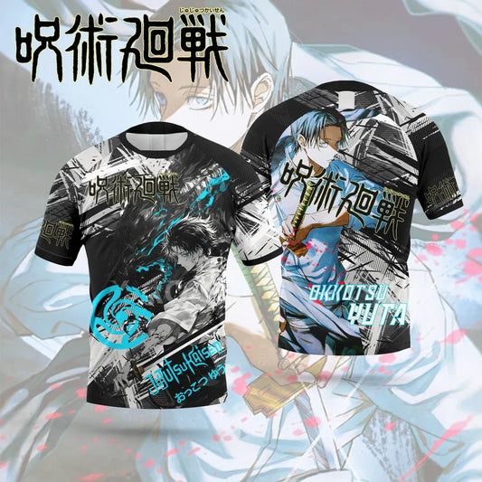 Maillot à manches courtes noir et blanc, motifs graphiques bleus sur le devant