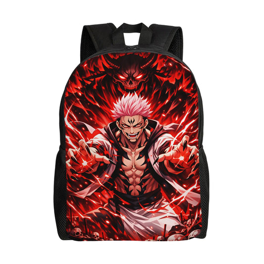Sac à dos noir avec grand motif rouge, bretelles et poche avant.