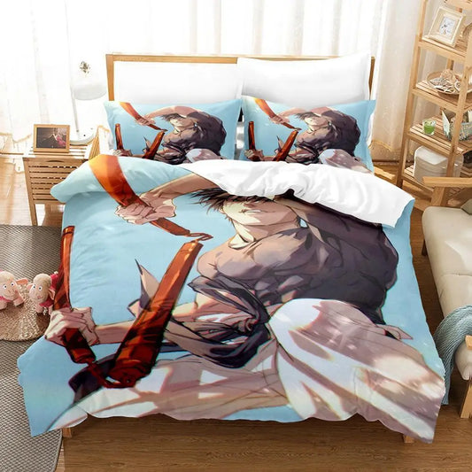 Parure de lit Jujutsu Kaisen Nunchaku Maudit : avec housse de couette et taies, motif anime sombre sur fond bleu clair