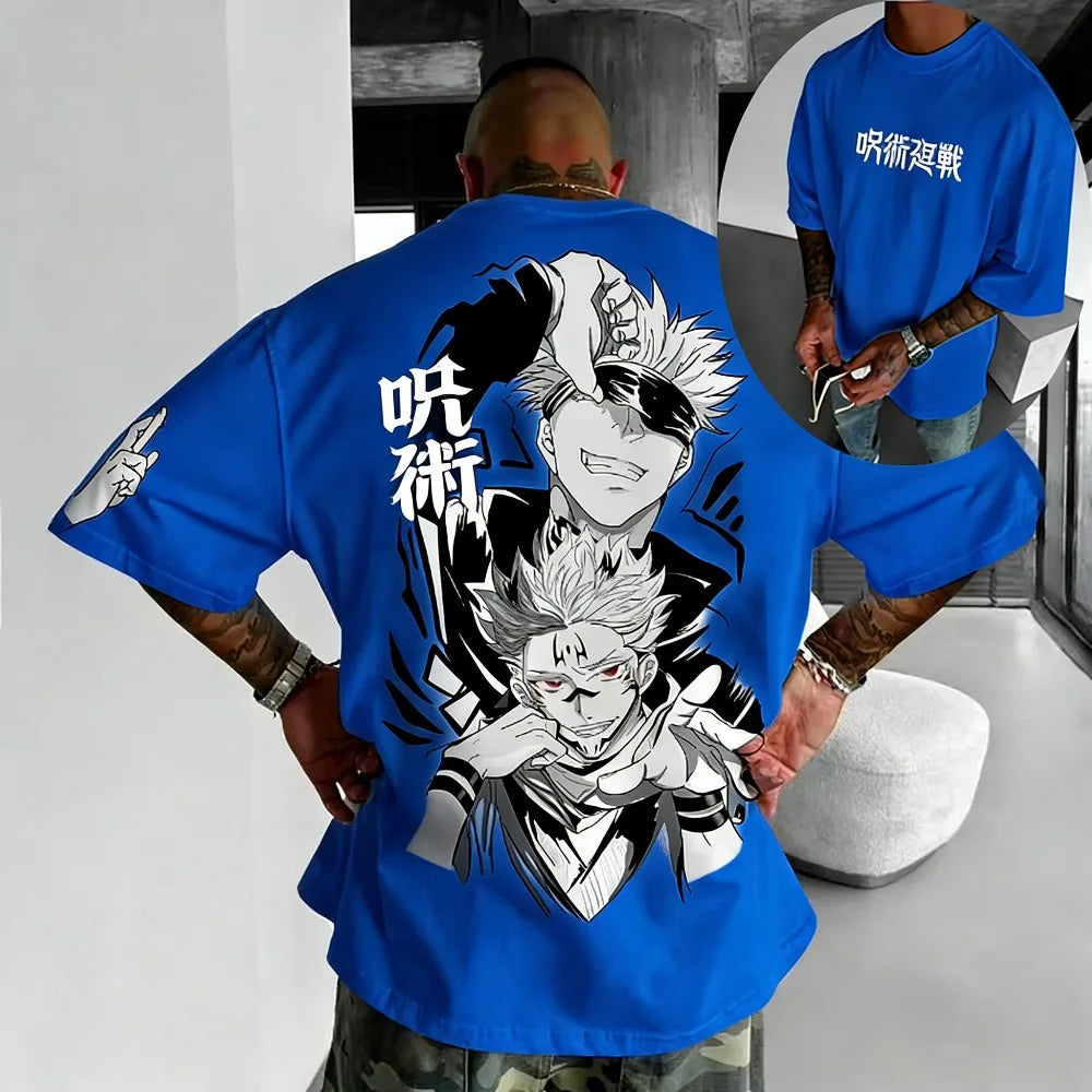 T-shirt oversize bleu avec grand motif blanc et noir, vue de dos
