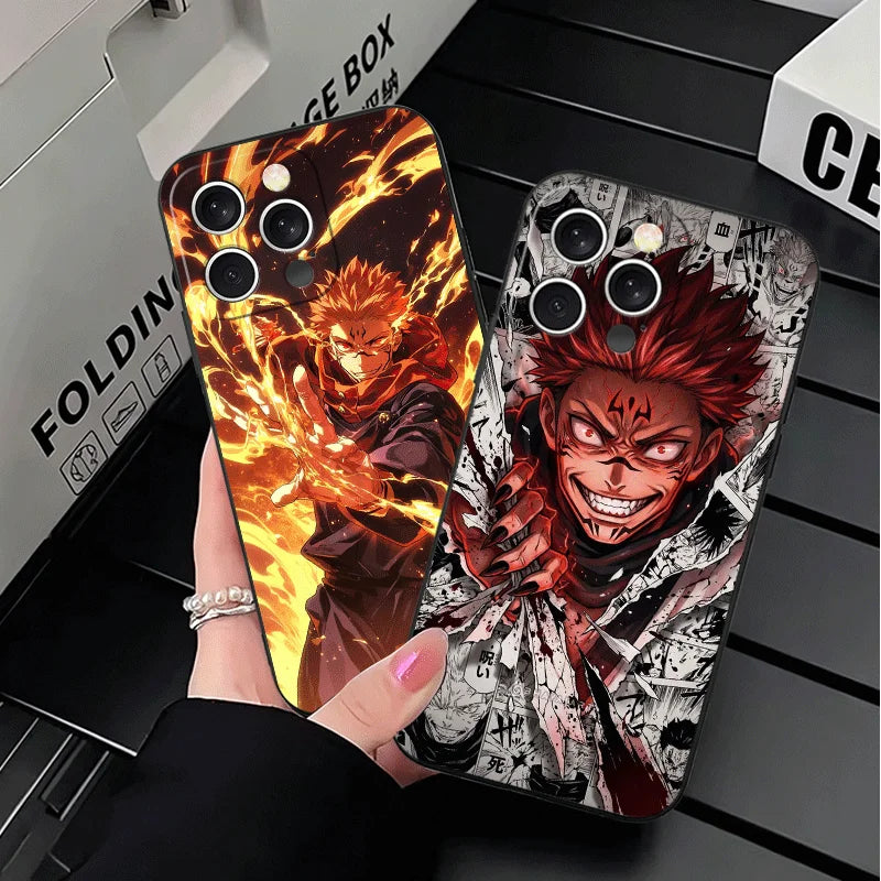 Coques iPhone Ryomen Sukuna, visuels buste rouge et feu orange, caméras arrière visibles