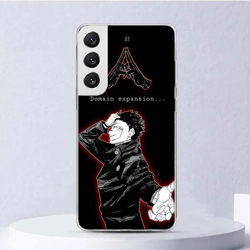 Coque Samsung Jujutsu Kaisen Sukuna Domain Expansion : coque de téléphone Samsung noire avec illustration Sukuna «Domain expansion…» et