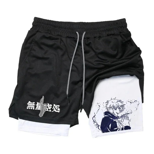 Short Jujutsu Kaisen Gojo Silhouette Encre Bleue : noir double superposition, cordon de serrage et imprimé Gojo bleu