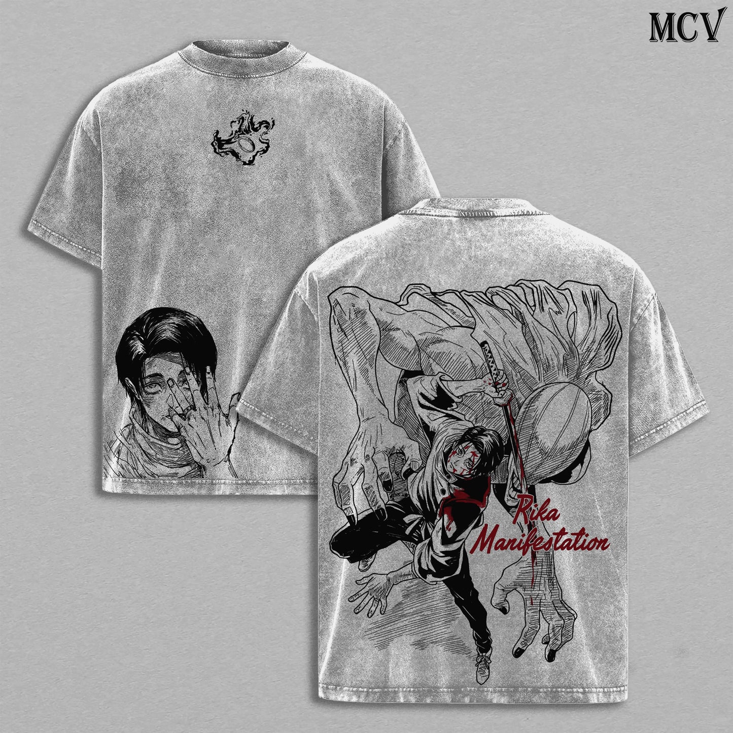 T-shirt imprimé gris, face et dos avec personnages au style dessin