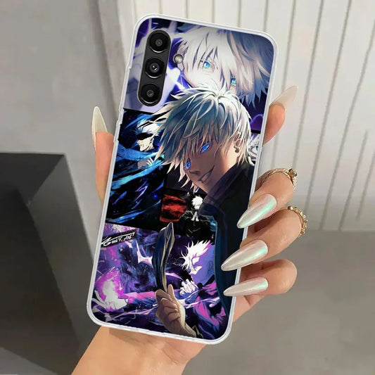 Coque Samsung Jujutsu Kaisen Gojo violette, motif illustré, ouvertures pour caméras.