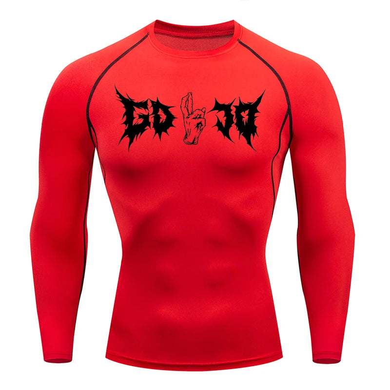 T-shirt compressif rouge manches longues, imprimé graphique noir au buste.