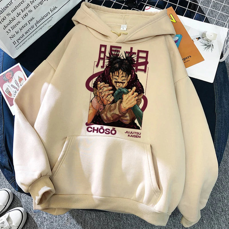 Sweat à capuche beige avec illustration sombre et texte rouge sur la poitrine