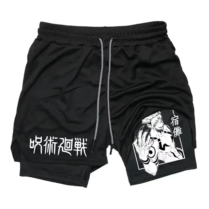 Short noir à taille élastique, cordon de serrage, grand motif imprimé sur la jambe