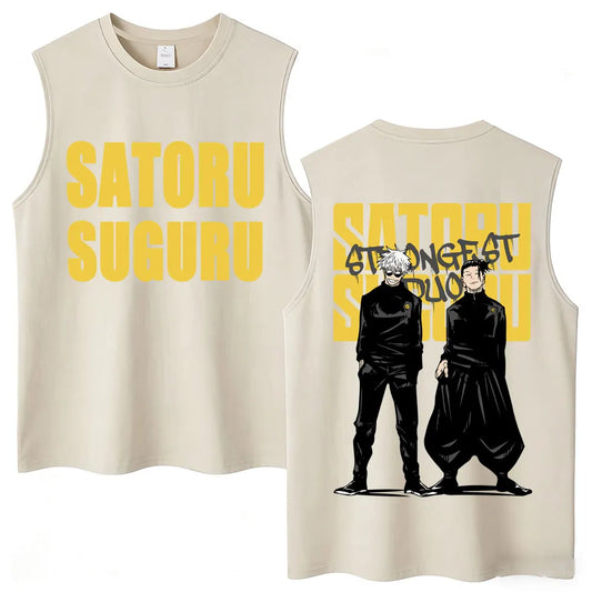 Débardeur Jujutsu Kaisen Gojo Geto Duo Jaune : beige sans manches, imprimé jaune «SATORU SUGIRU» et duo de personnages