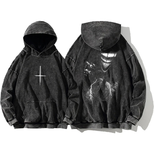 Pull Jujutsu Kaisen Yuta Rika Masque Noir et Blanc : à capuche noir avec motifs imprimés blanc, croix et visage, manches longues