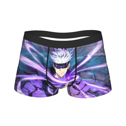 Boxer violet à motif manga, ceinture noire, imprimé personnages et éclairs violets