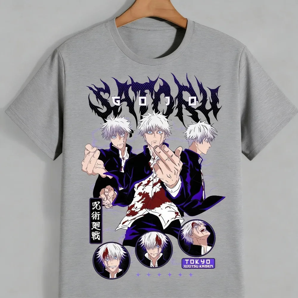 T-shirt Jujutsu Kaisen gris clair avec visuel Gojo violet et personnages imprimés devant