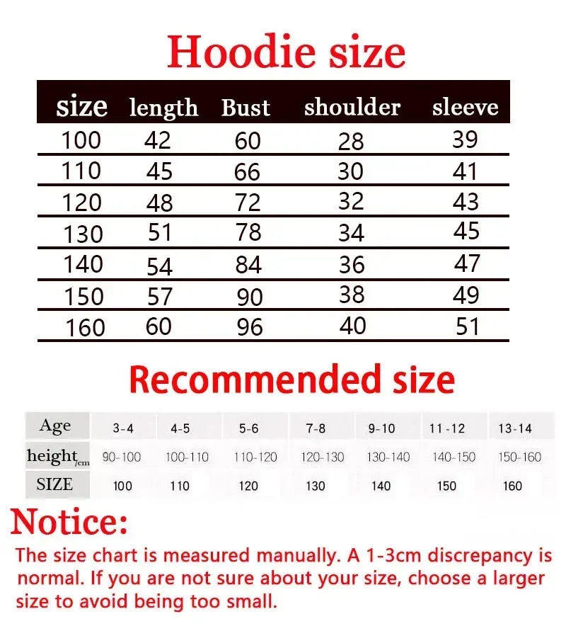Guide des tailles hoodie: longueur, buste, épaules et manches (100–160)