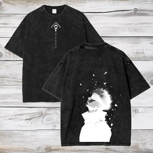 T-shirt noir col rond, manches courtes, imprimé dos et profil stylisé devant.