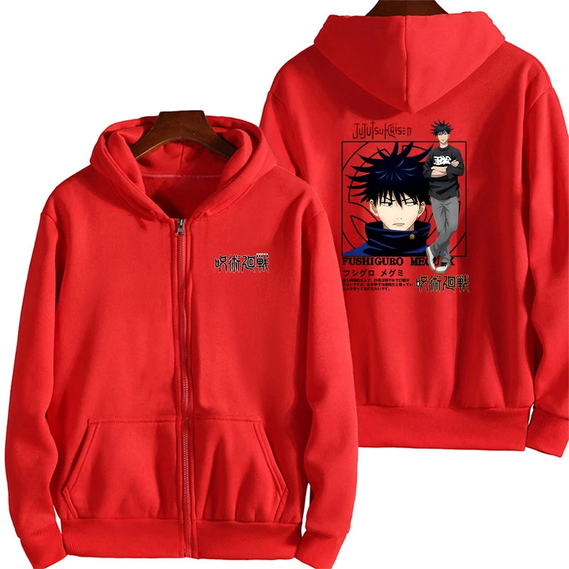 Veste à capuche zippée rouge avec imprimé personnage devant et au dos