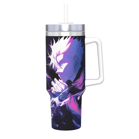 Gourde isotherme acier, motif violet personnage anime, couvercle argent, anse