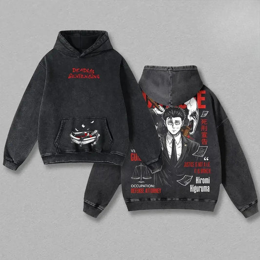 Pull Jujutsu Kaisen Hiromi Higuruma Verdict : à capuche noir avec poche kangourou, motif manga rouge et blanc Hiromi Higuruma