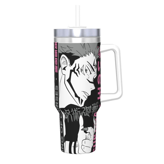 Gourde isotherme 1,2 L avec couvercle à paille, motif Ryomen Sukuna noir et blanc.