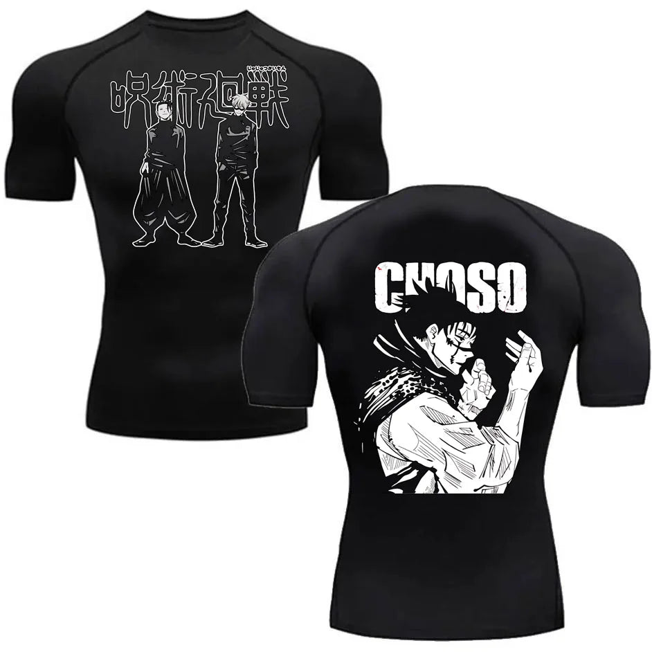T-shirt compression noire avec imprimé Choso au dos et silhouettes au devant