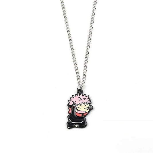 Pendentif chibi Yuji aux bras levés, collier à chaîne argentée
