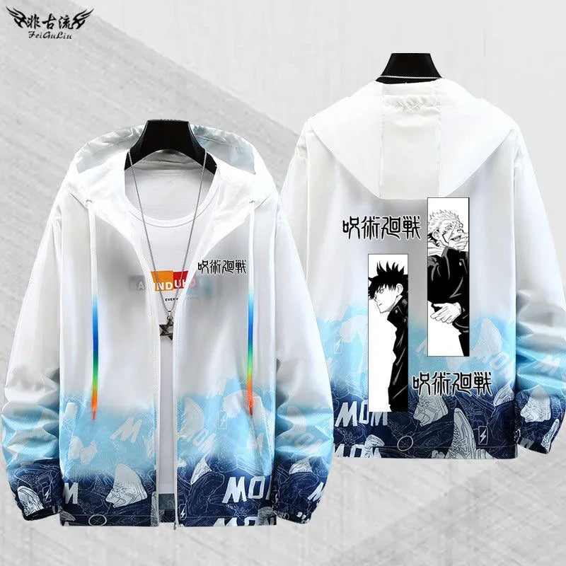 Gilet transparent Gojo Jujutsu Kaisen à capuche, dos avec visuel manga et dégradé bleu foncé