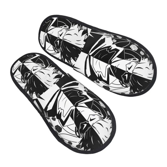 Chaussons Jujutsu Kaisen noir et blanc géométrique, imprimé portraits stylisés