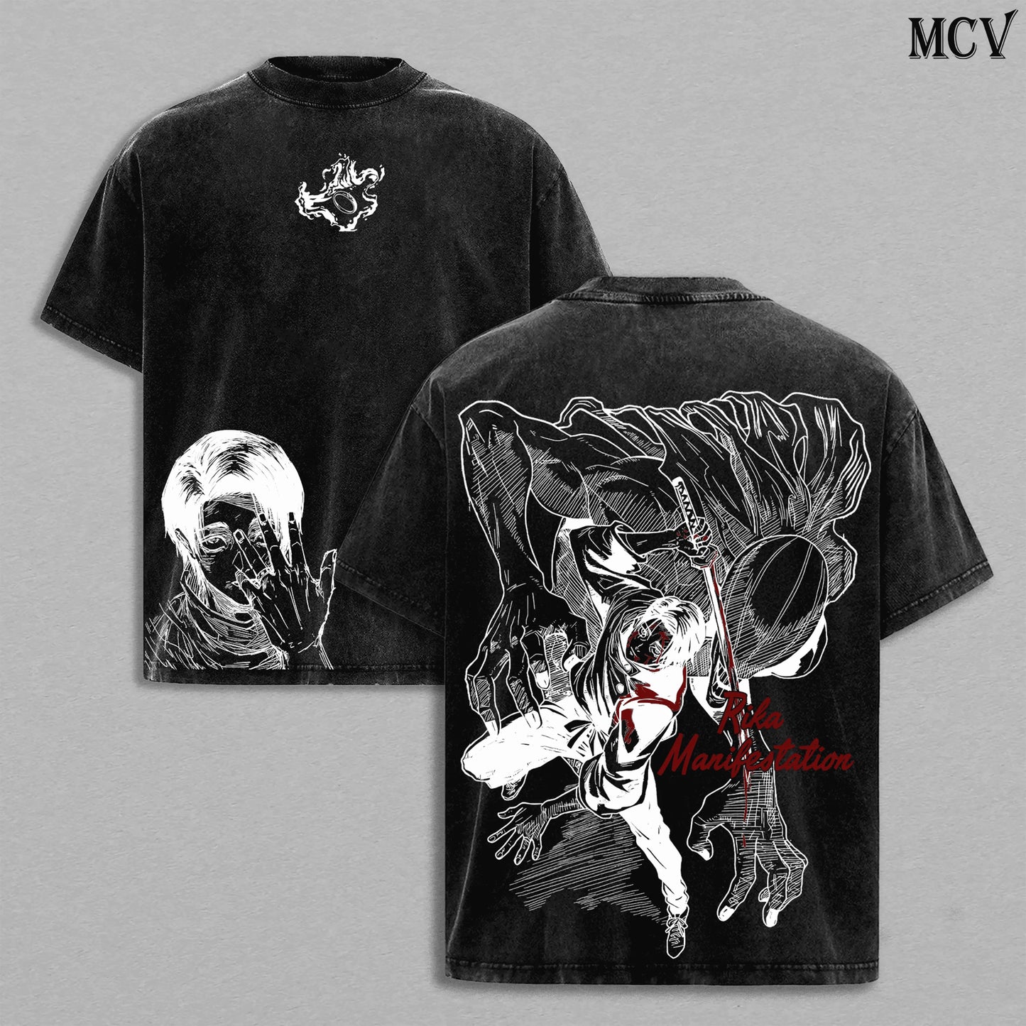 T-shirt imprimé noir, face et dos avec personnages et motif manga